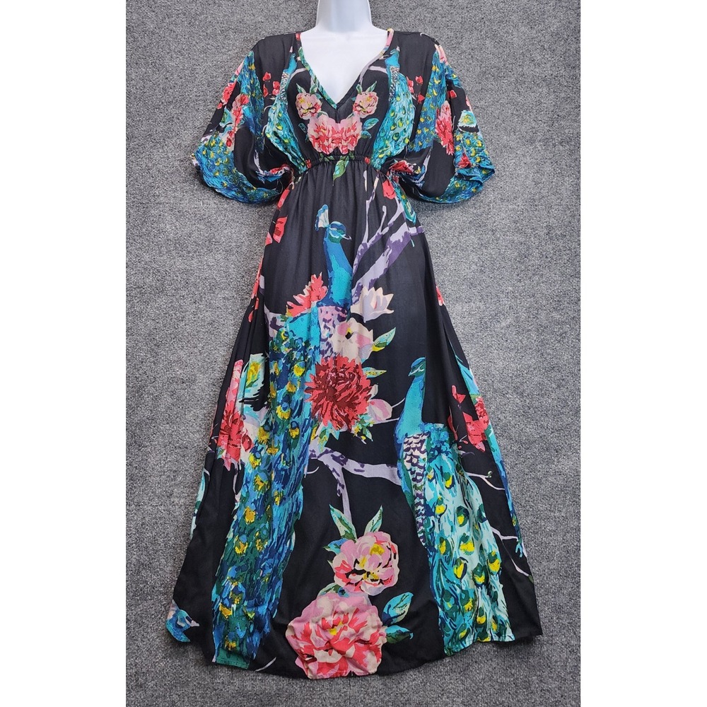 World Market Women Peacock Floral Boho Resort Beach Rayon Kaftan Maxi Dress S/M